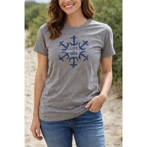 Life is Good T Shirt M Gray Anchor Sailing Boating Short Sleeve Outdoors